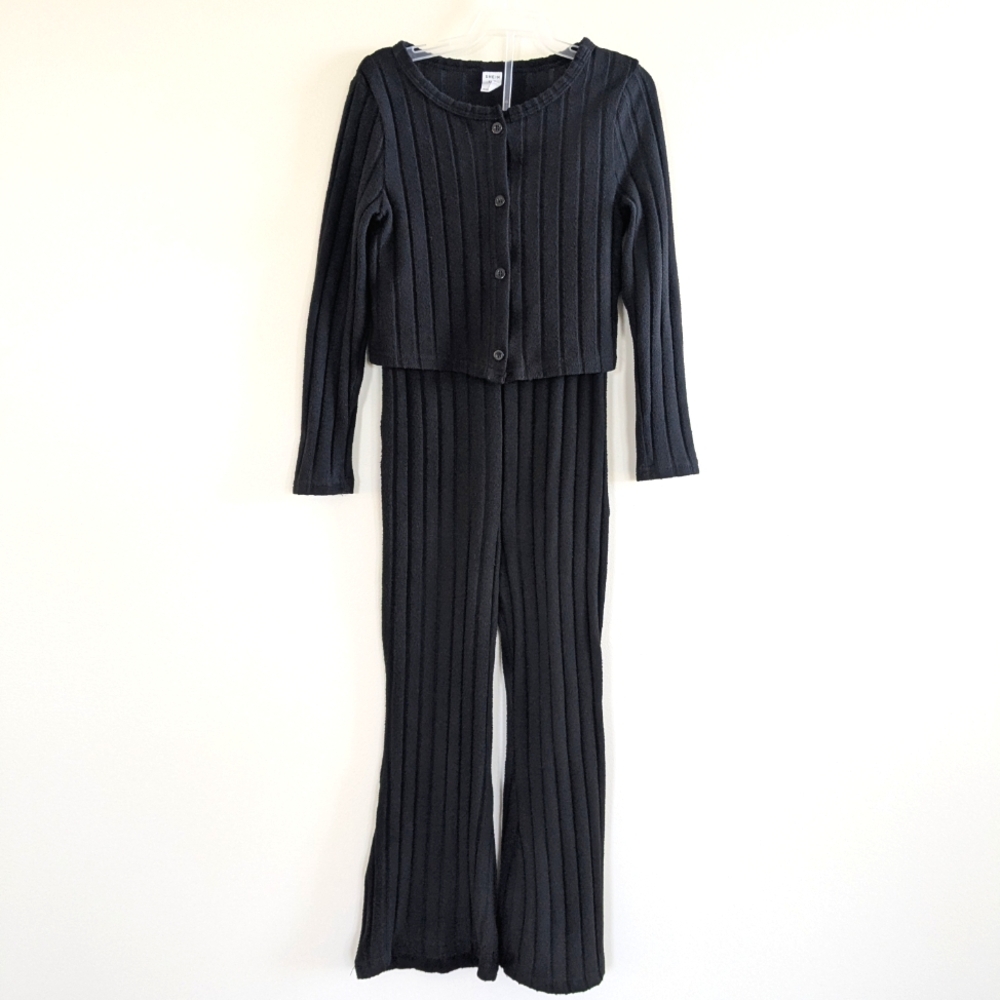Girls Solid Black Ribbed Sleeveless Jumpsuit With Matching Cardigan (Size 7Y)